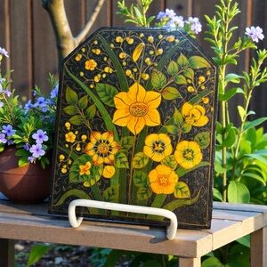 Vintage Floral Paper Mache Hand Painted Wood Plaque Folk Art Daffodil Trumpet